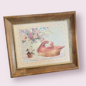 1988 art print goose flower arrangement floral painting wooden frame